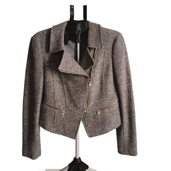 Ann Taylor Wool Blend Gray Textured Cropped Asymmetrical Jacket Women’s Size M - Picture 2 of 15